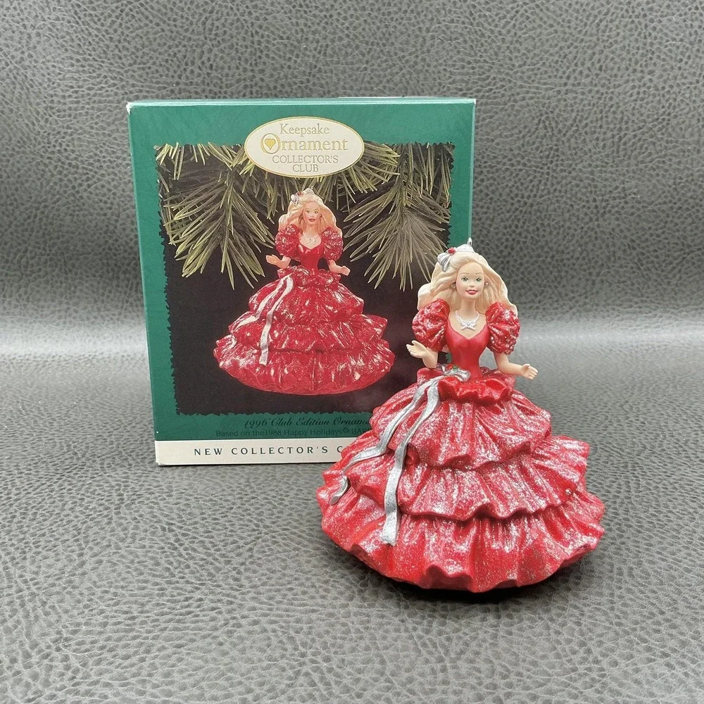 Hallmark Keepsake Ornament 1996 Club Barbie Happy Holidays Red Dress Christmas